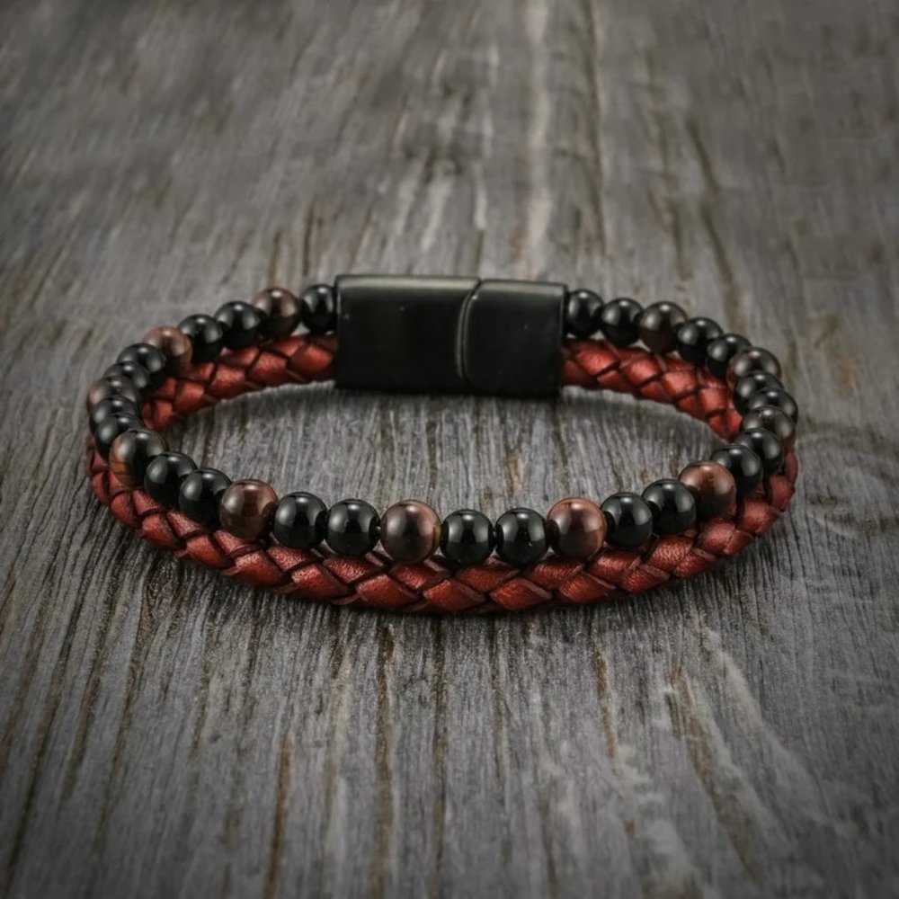Natural Black Obsidian Red Tiger Eye Leather Braided Bracelet